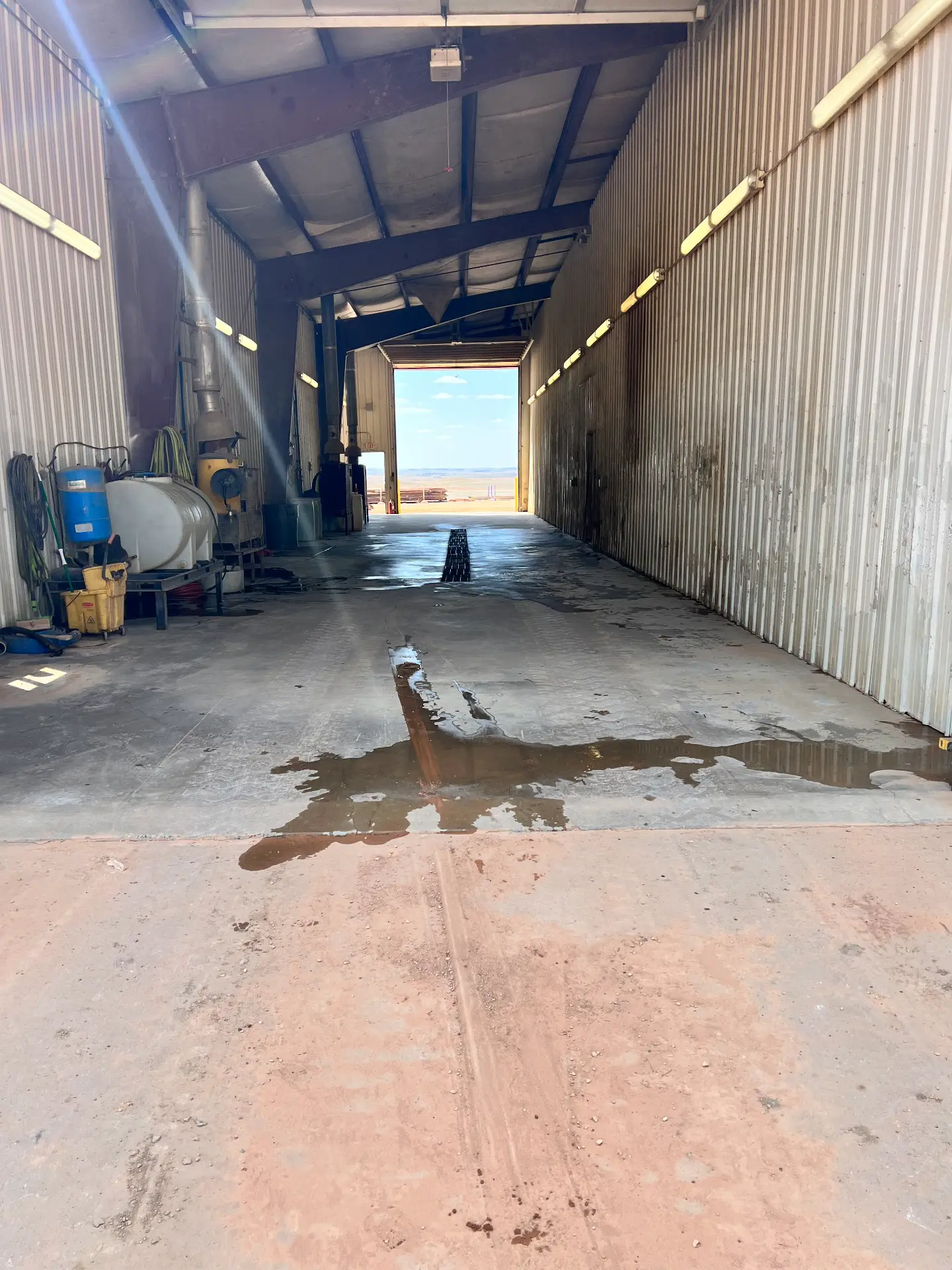 Inside the heated wash bay looking out