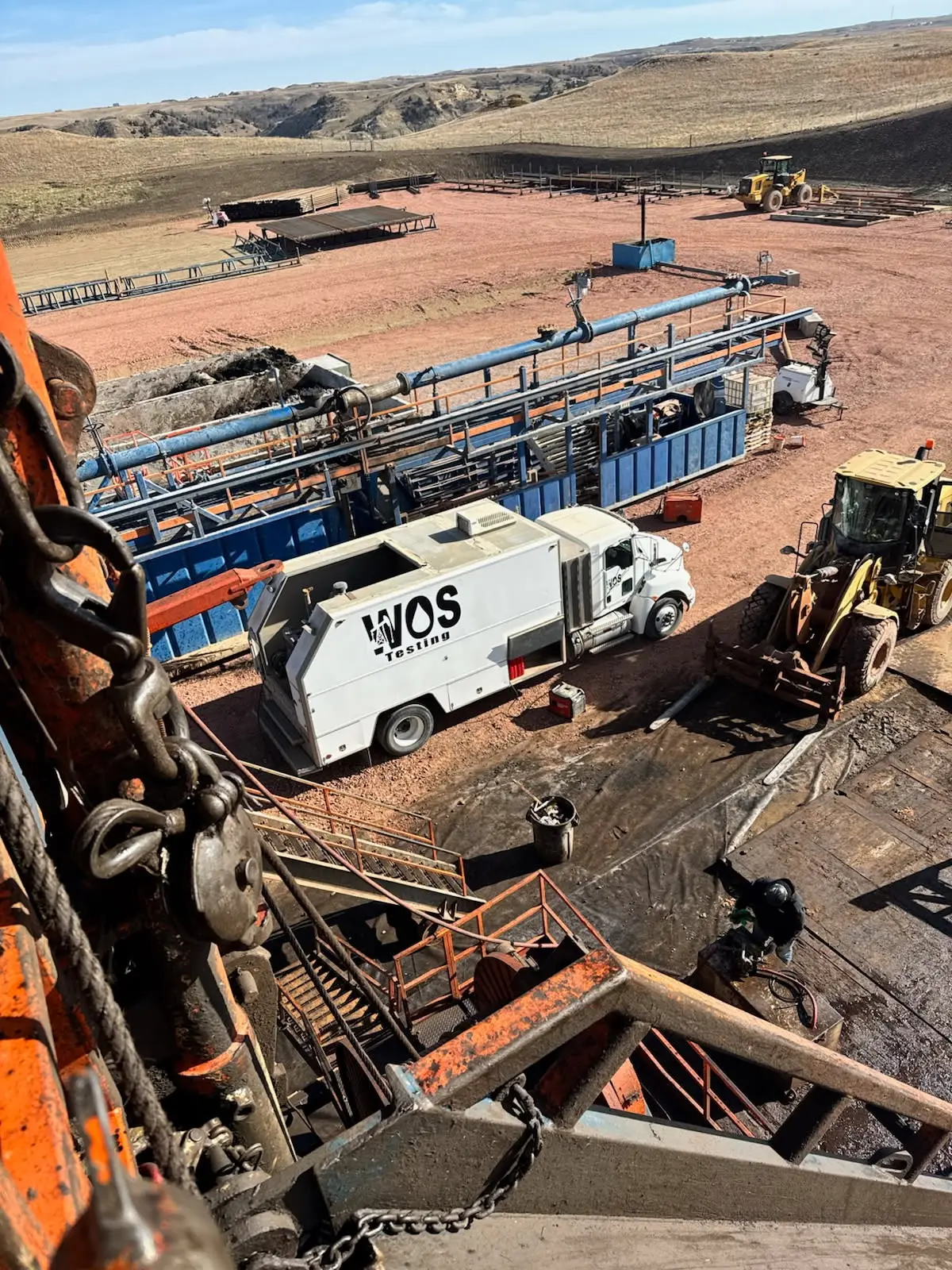 Aerial of WOS pressure-test unit and iron staged behind a workover rig on a Bakken pad