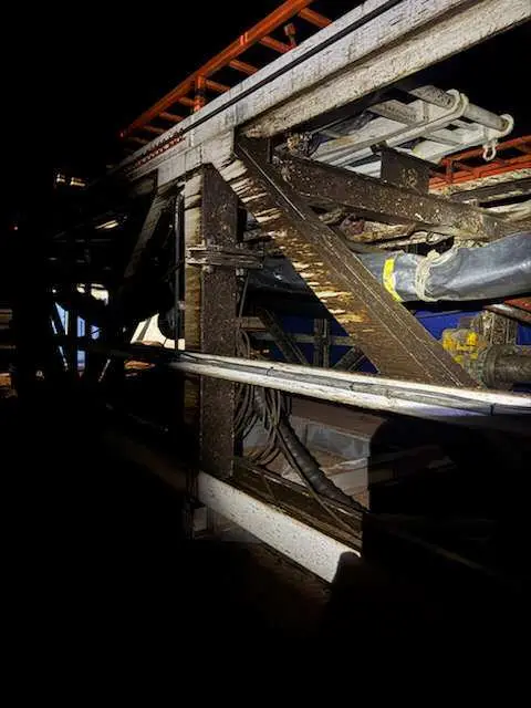 Detail of a freshly washed rig substructure