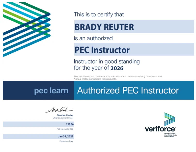 Veriforce PEC Authorized Instructor certificate for Brady Reuter